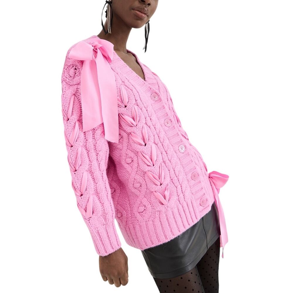 LoveShackFancy (S) Kassius Pink Cable Knit Satin Ribbon Bow Cardigan